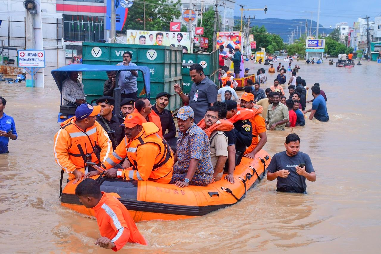Heavy rainfall on Sunday led to severe flooding in the Rama Krishna Puram area of Vijayawada in Andhra Pradesh, submerging houses, and cars