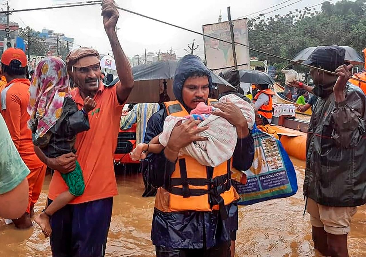 Aerial visuals from Vijayawada show rainwater filled in several areas of the city