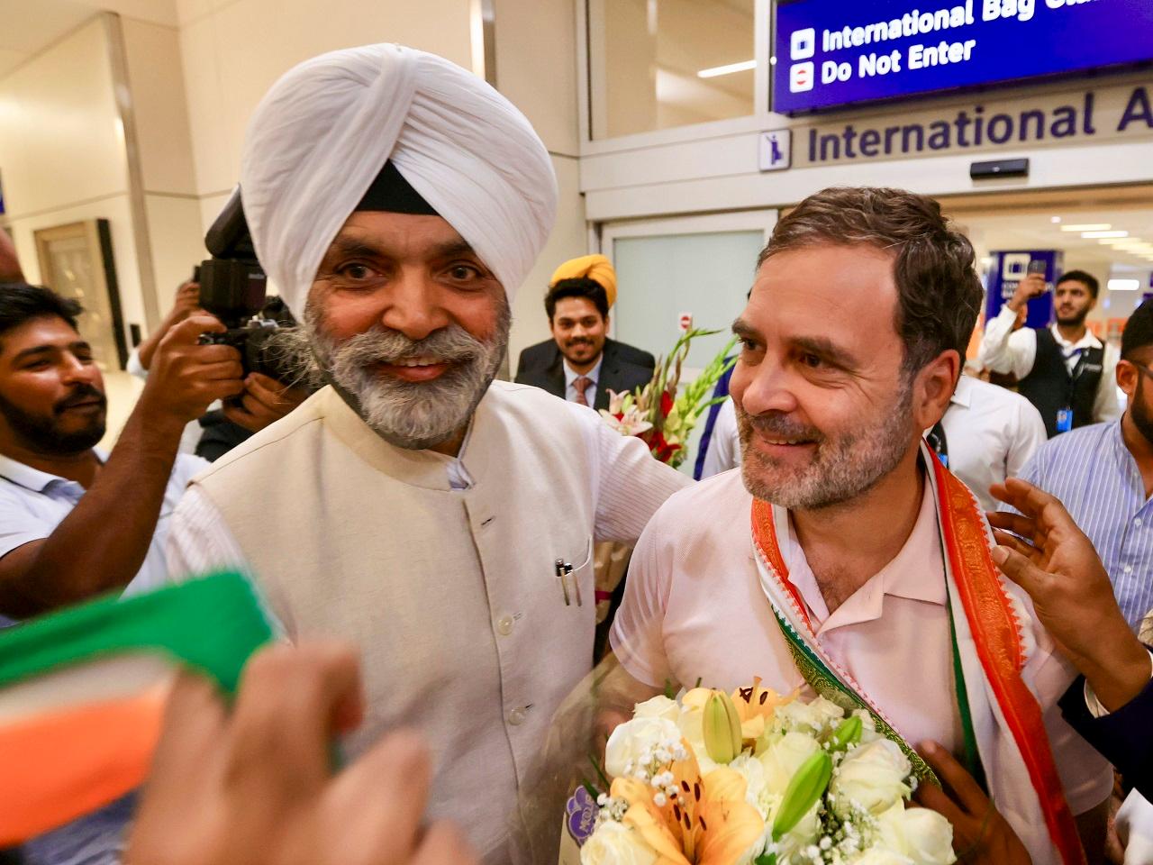 The Congress MP was welcomed at the airport by Sam Pitroda, Chairman of the Indian Overseas Congress, and members of the Indian diaspora