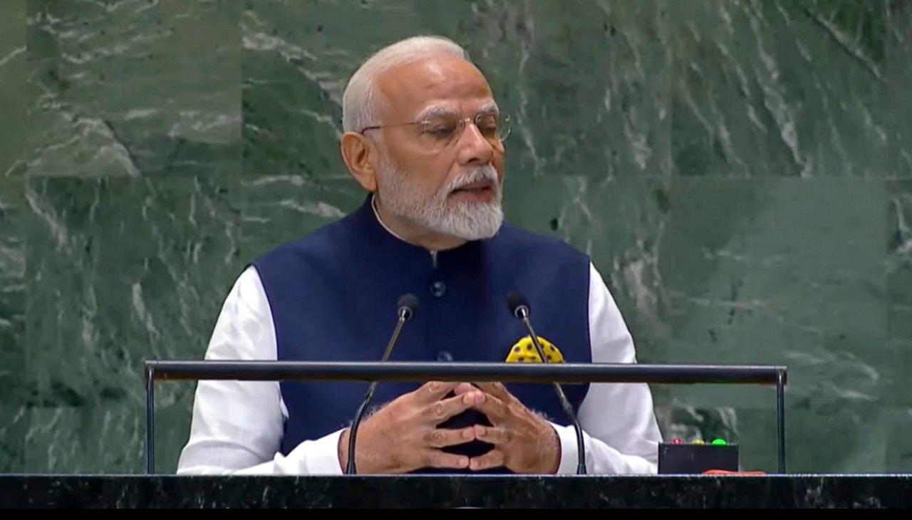 <p>Addressing the landmark summit, PM Modi said that as the international community discusses the future of the world, the highest priority must be accorded to a "human-centric approach"</p>