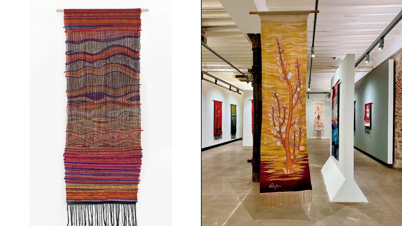(left) An untitled work from the mid ’90s. Pic courtesy/Chatterjee & Lal, heirs of Rajen; (right) a weave at the exhibition. Pic Courtesy/Instagram