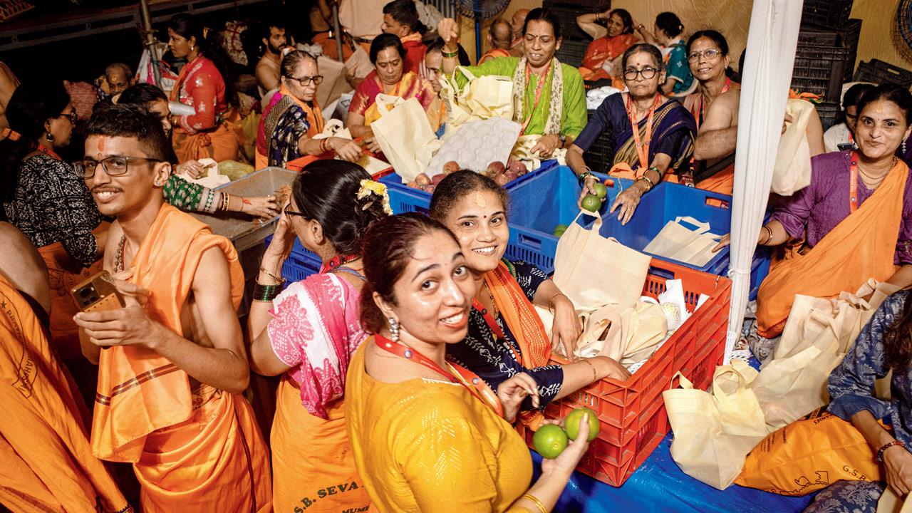 Volunteers pack prasad bags at the venue; (right) holy threads crafted by the team 