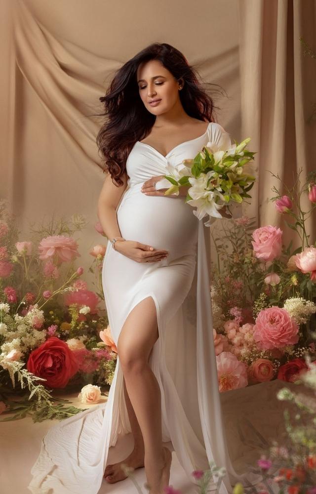 Taking to Instagram, Yuvika shared a string of photos, in which she can be seen posing in a white thigh-slit gown, flaunting her baby bump