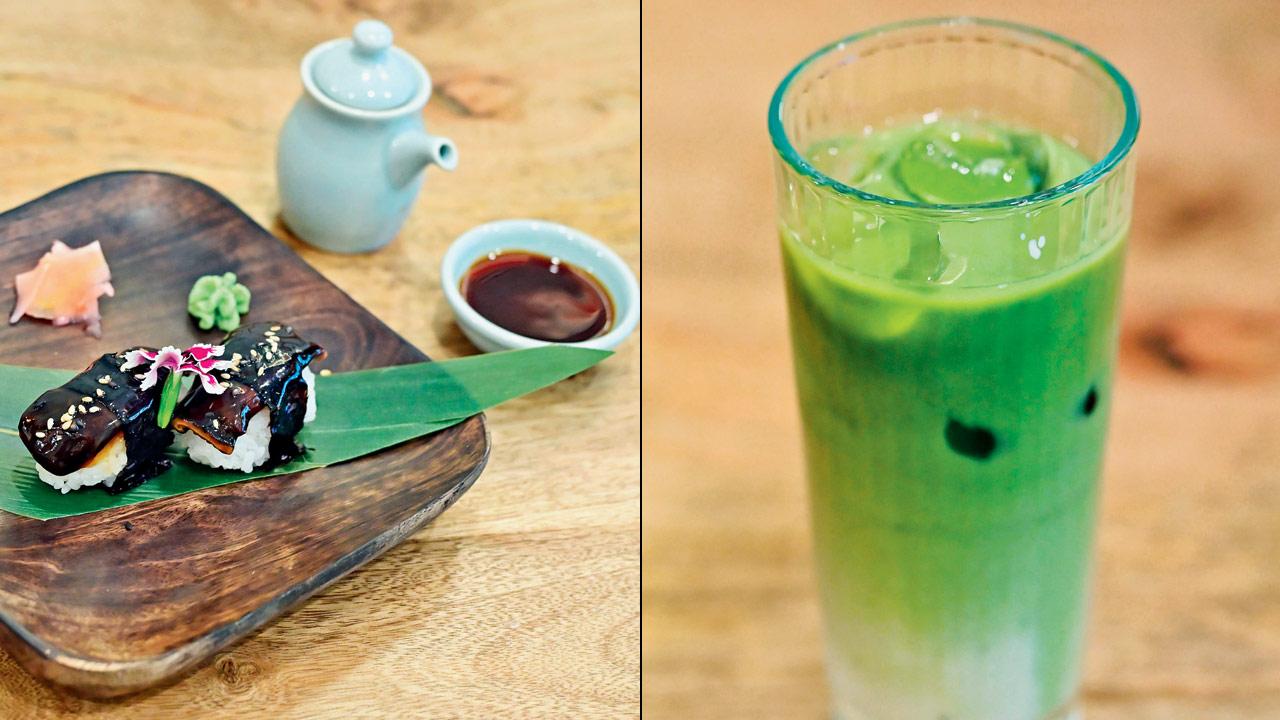 Shitake mushroom; (right) iced matcha latte