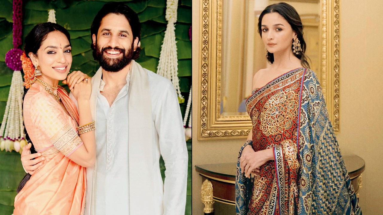 Sobhita Dhulipala sports a pastel uppada silk saree at her wedding with Naga Chaitanya. Pics Courtesy/Instagram (right) Alia Bhatt styles an Ajrakh saree with minimal jewellery