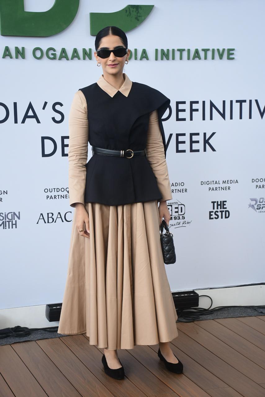 Sonam Kapoor attended an event in the city, stunning in a beautiful beige dress paired with a long black top