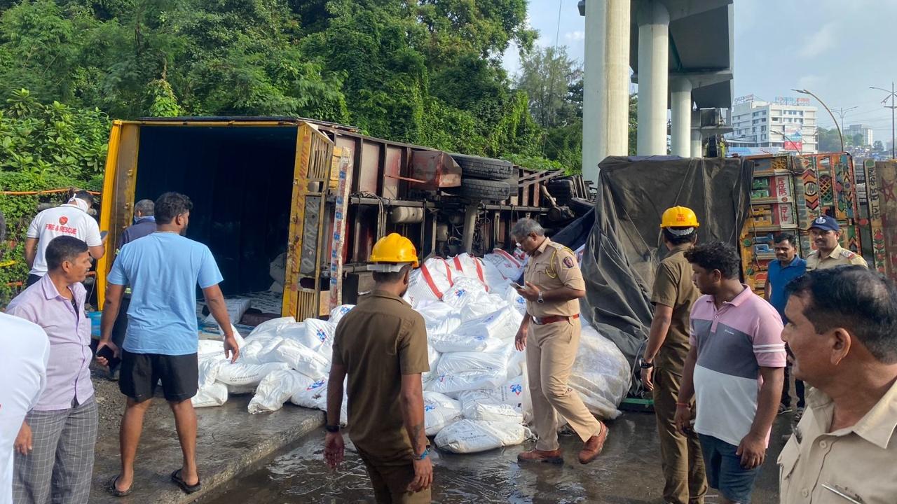 The driver of the truck that overturned early on Wednesday on Ghodbunder Road in Maharashtra's Thane district has suffered minor injuries, the officials said