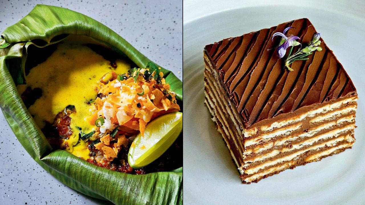 Banana leaf wrapped baked white fish and Arrack chocolate biscuit pudding