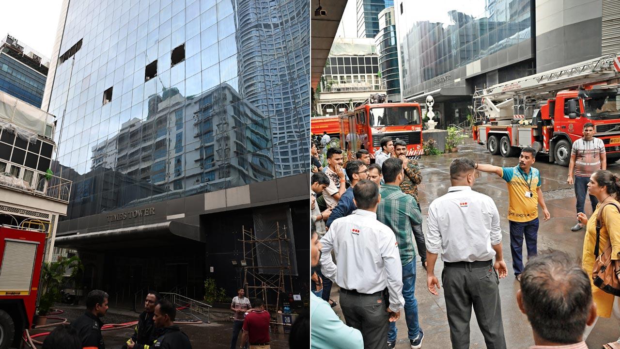 Times Tower in Lower Parel; (right) Witnesses and fire personnel gather outside the Times Tower. Pics/Sayyed Sameer Abedi