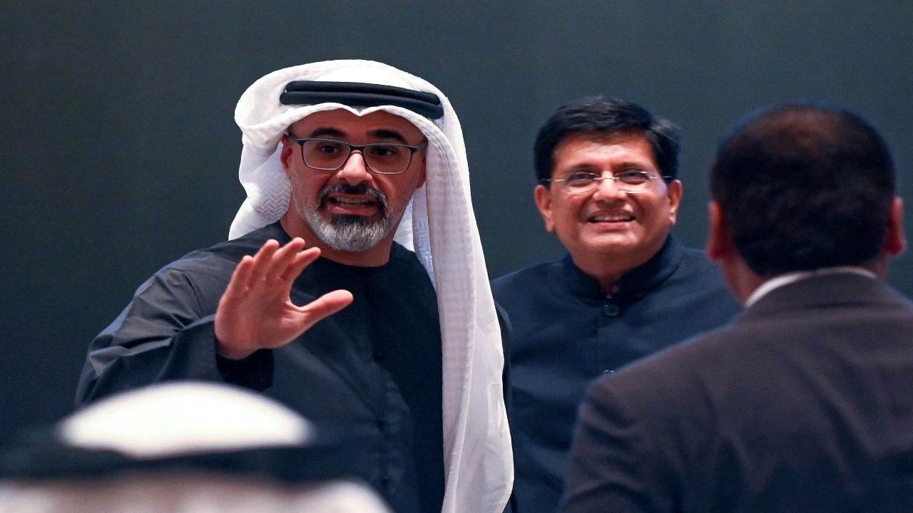 Abu Dhabi Crown Prince Sheikh Khaled bin Mohamed bin Zayed Al Nahyan with Commerce Minister Piyush Goyal in Mumbai. Pic/AFP