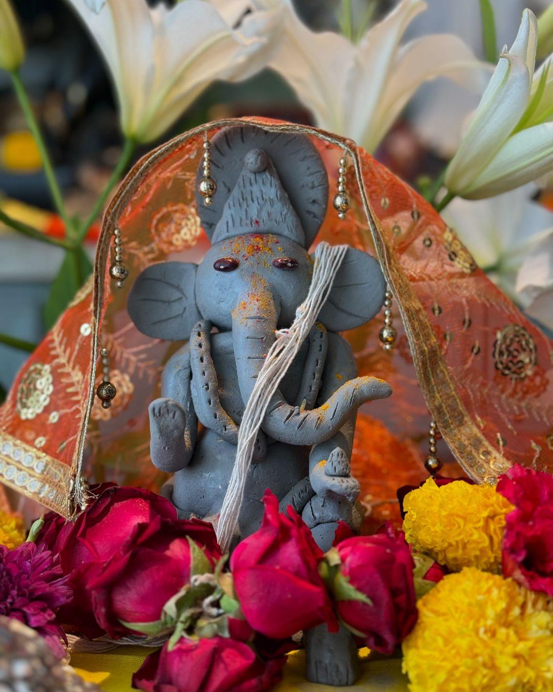 Rajkummar Rao and Patralekha did not pose with their Ganesh idol this year. Instead, the actors revealed they made the idol themselves to support and promote eco-friendly practices