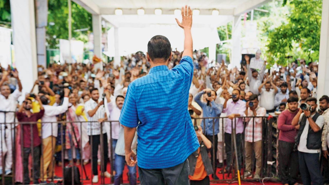 Delhi CM Arvind Kejriwal during AAP workers’ meeting. Pics/PTI 