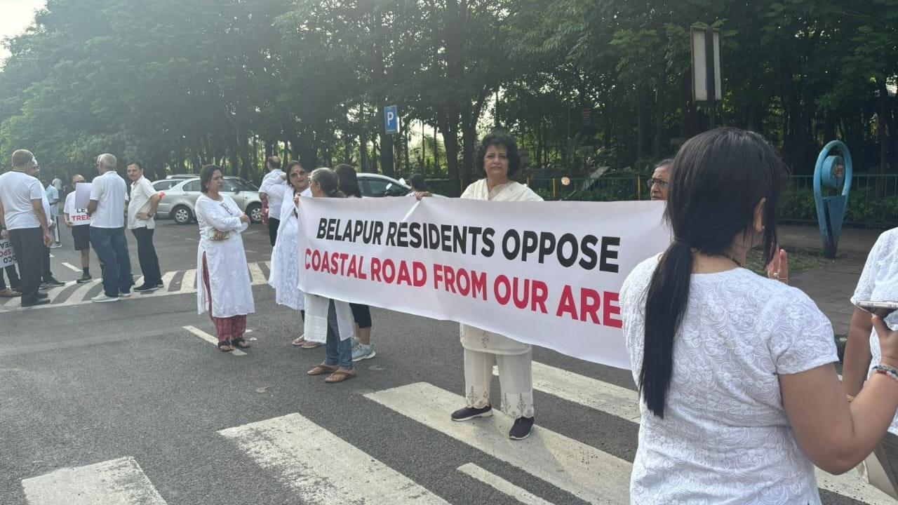 Belapur residents form human chain to protest Kharghar-Nerul Coastal Road