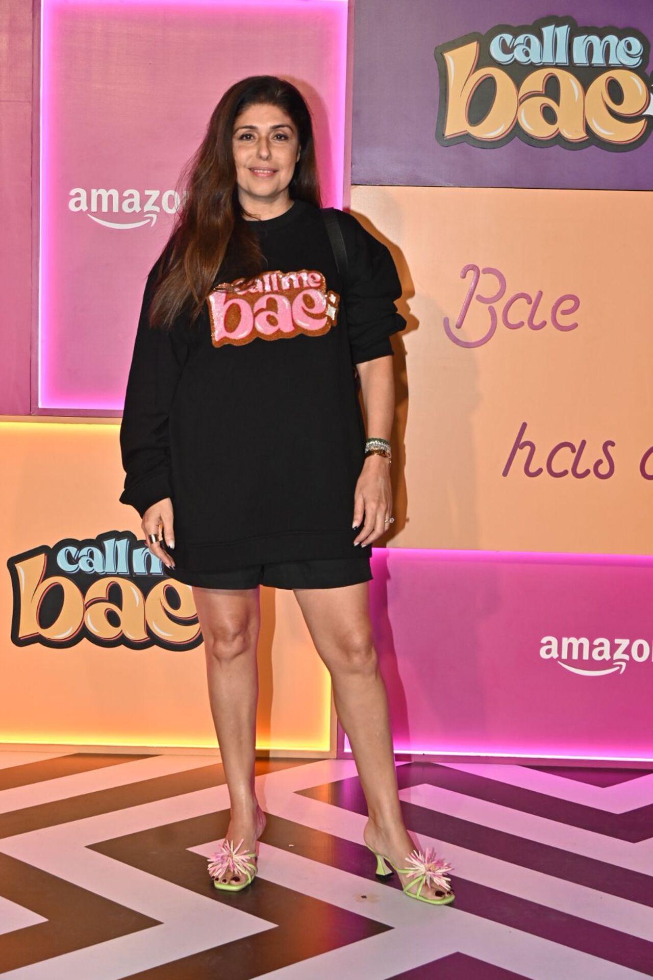 Stylist Anaita Shroff Adajania strikes a pose for the paps. She wore a dress with the words 'Call me Bae' on it
