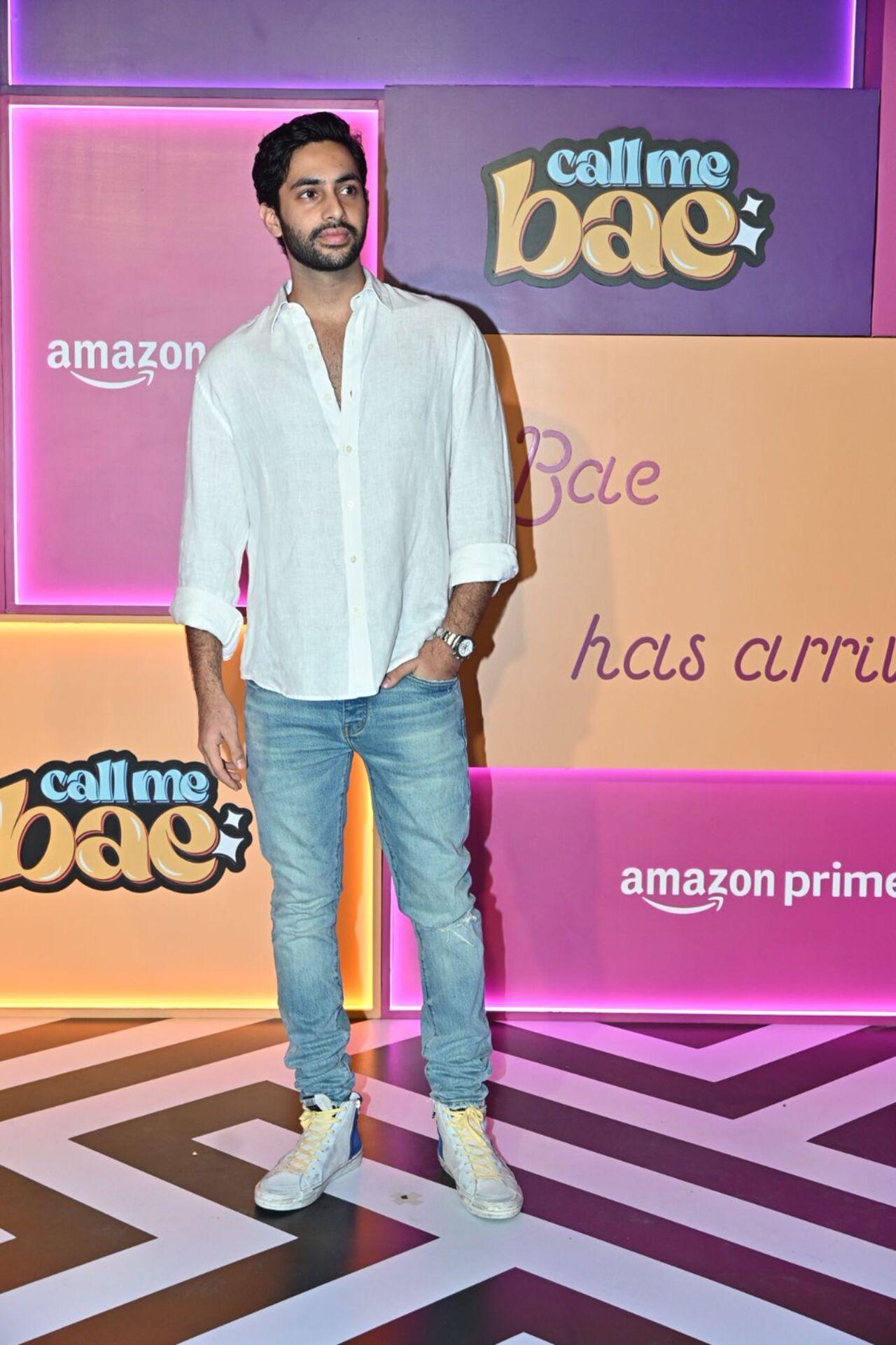 Agastya Nanda looked smart in a white shirt and blue denims for the night