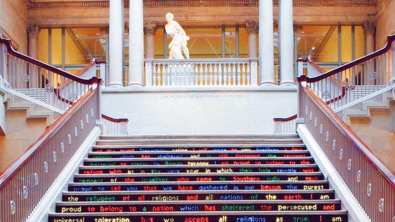 The installation by Kallat on the steps of the grand staircase in Chicago
