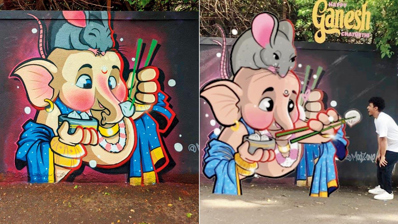 The graffiti on Carter Road; (right) Mooz interacts with it in AR using a filter