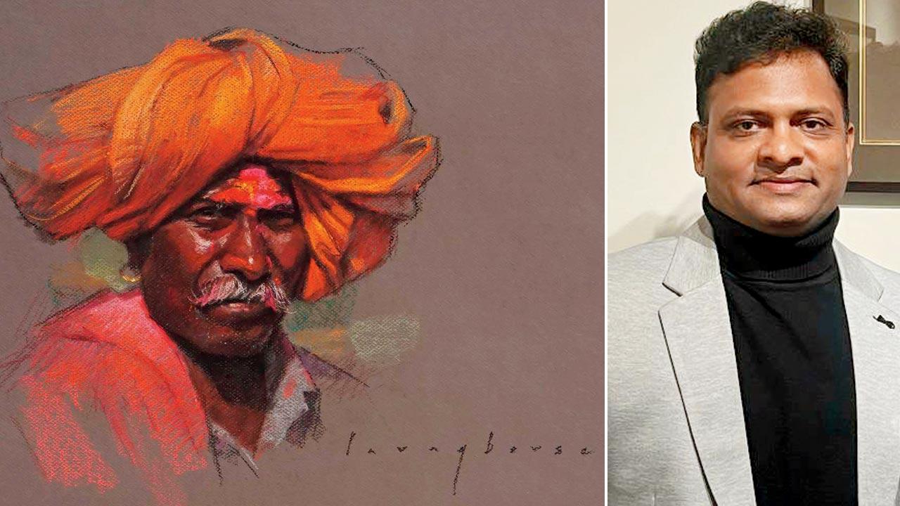 The winning artwork, A Turban Gaze, is made using dry pastels. It features a man from the Dhangar  shepherd community; (right) Parag Borse