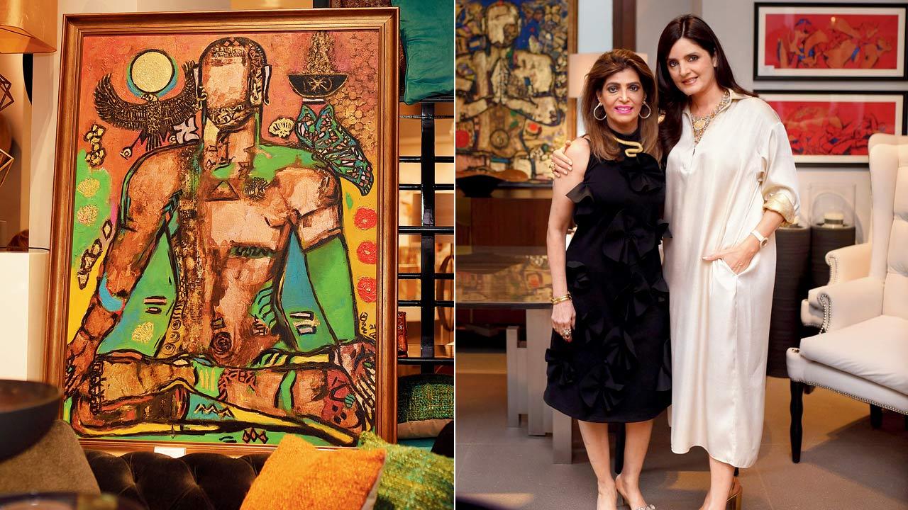 Untitled, mixed media painting; (right) Bina Aziz and Simone Arora