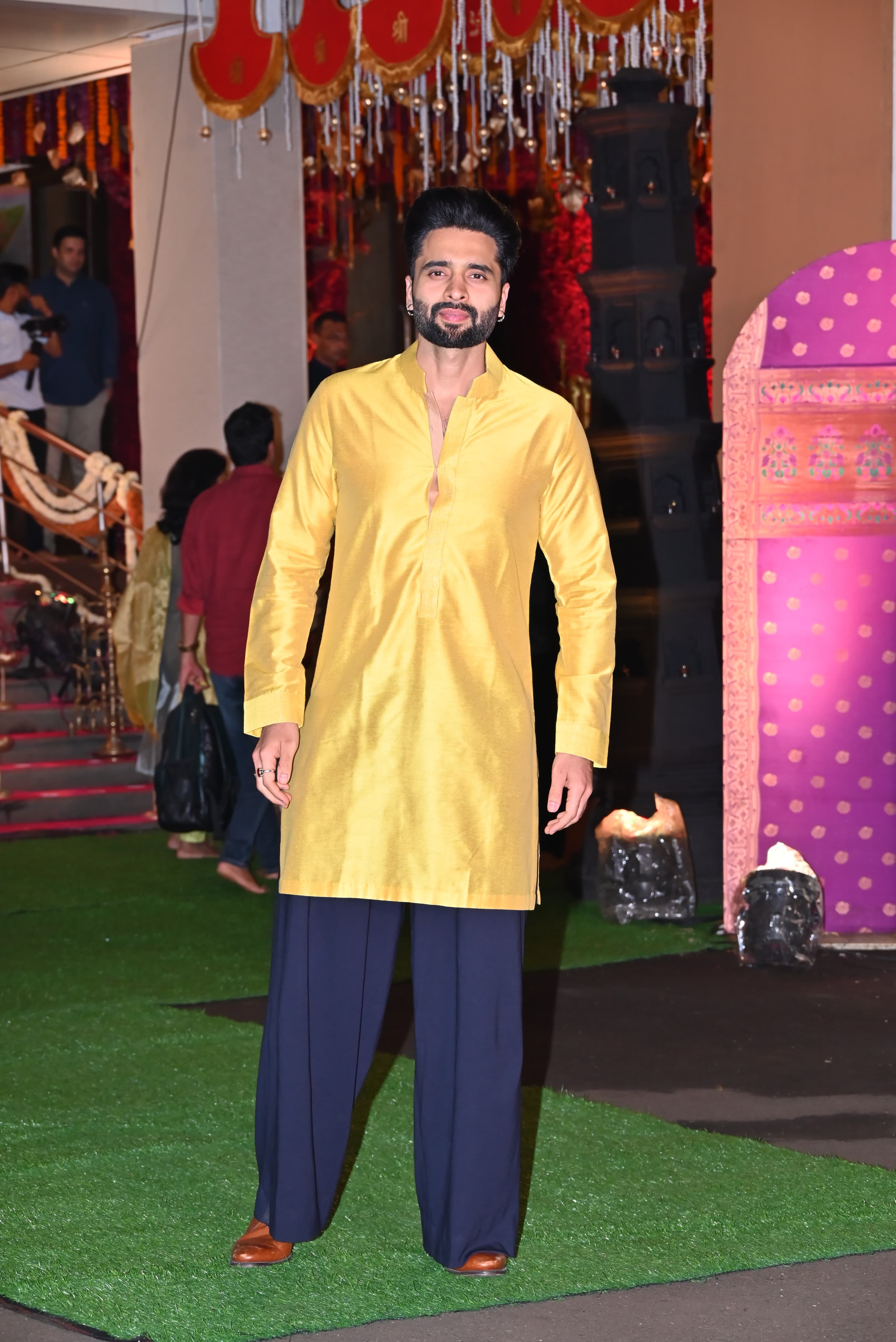 Jackky Bhagnani attended the grand celebration in a yellow kurta and blue payjama