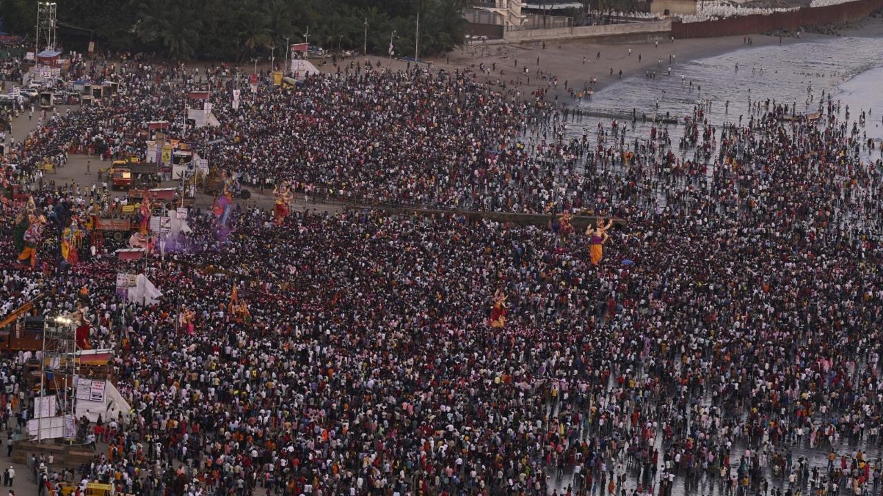 The Mumbai Police earlier said that drone surveillance was in place at important immersion sites such as Girgaon Chowpatty, Dadar, Bandra, Juhu, Versova, Powai Lake, and Madh Island, along with a network of more than 8,000 CCTVs