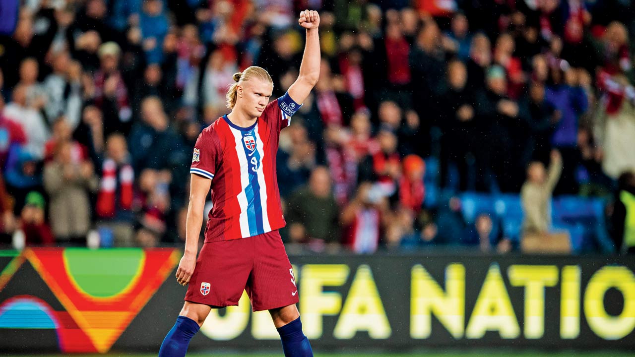 Norway’s Erling Haaland celebrates scoring v Austria in Oslo yesterday. Pic/Getty Images