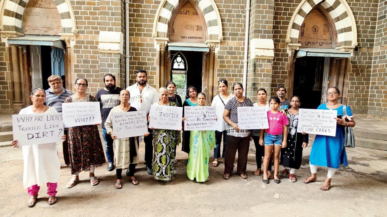 Former stallholders protest against the rent and new tendering system at the Basilica of Our Lady of the Mount