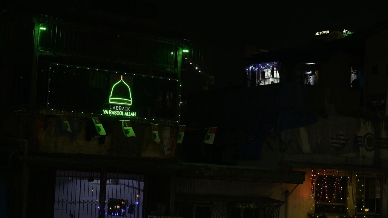 The Minara Masjid has been adorned with colorful lights and decorations for Eid-e-Milad