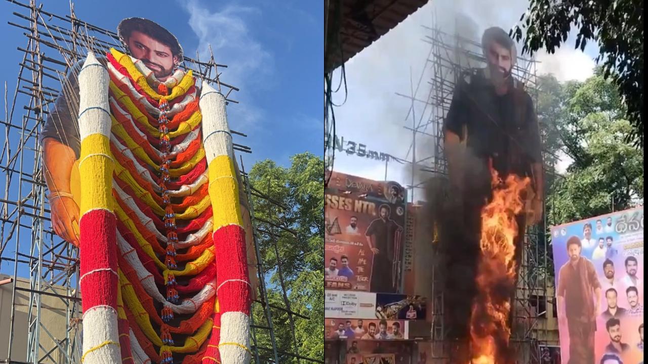 Devara release: Jr NTR's cut-out catches fire outside Hyderabad theatre as fans celebrate with firecrackers, watch