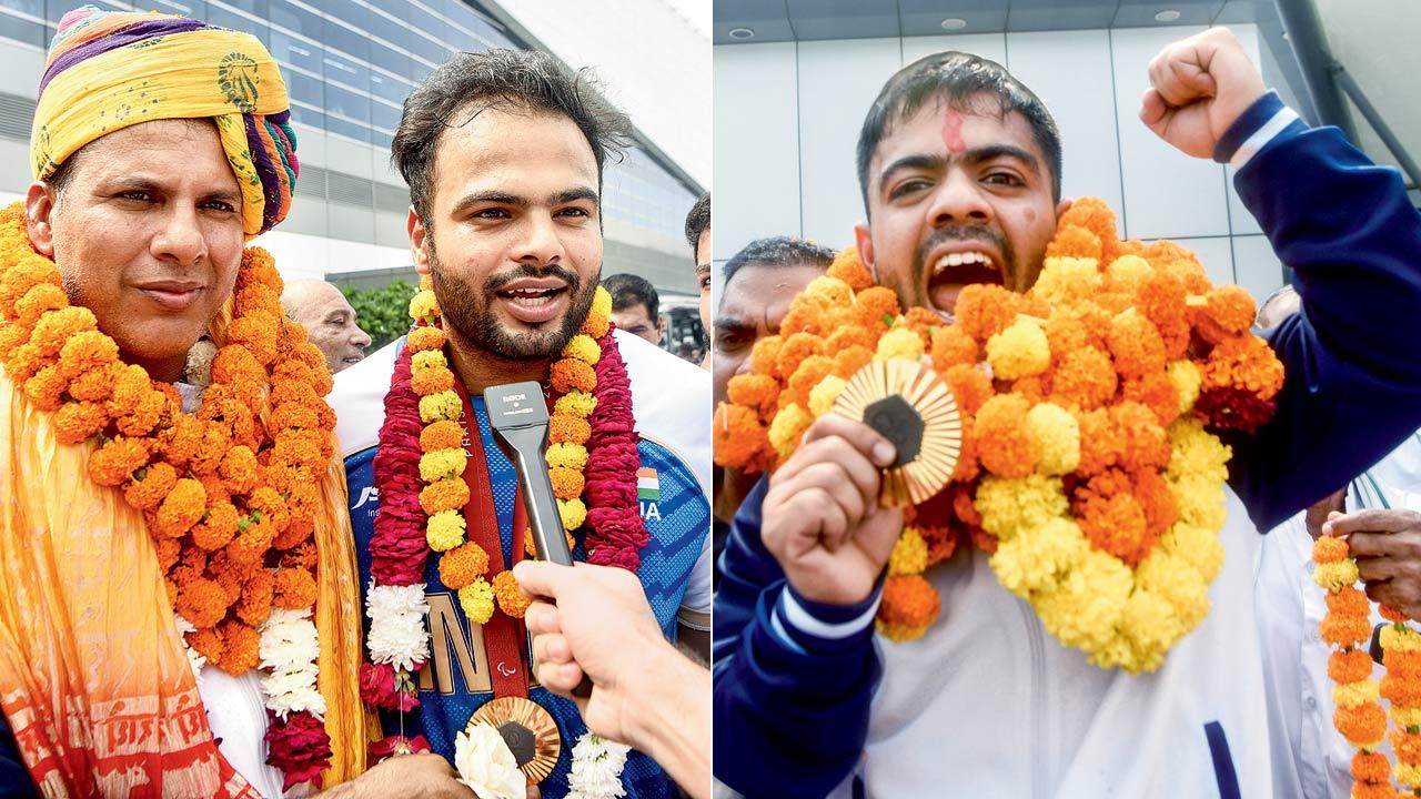 PCI chief Devendra Jhajharia (left) with gold medal-winning javelin thrower Sumit Antil; (right) Gold medallist javelin thrower Navdeep Singh pumps the air in excitement