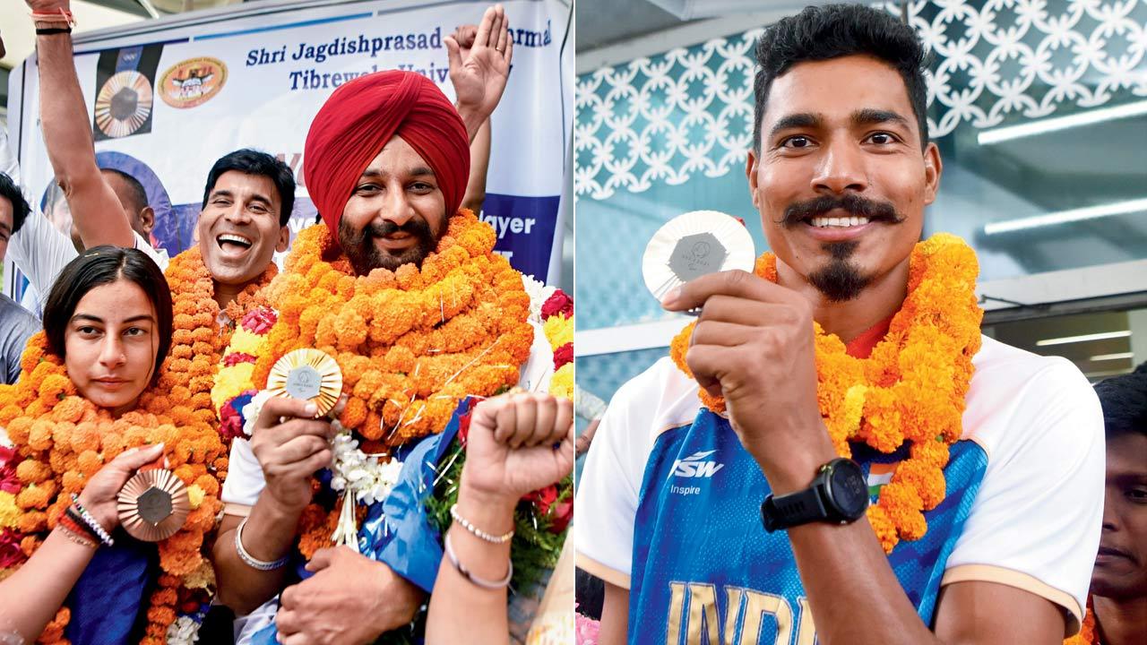 Archers Sheetal Devi (left) and Harvinder Singh with their bronze and gold medals respectively; (right) High jump silver medallist Nishad Kumar with his medal