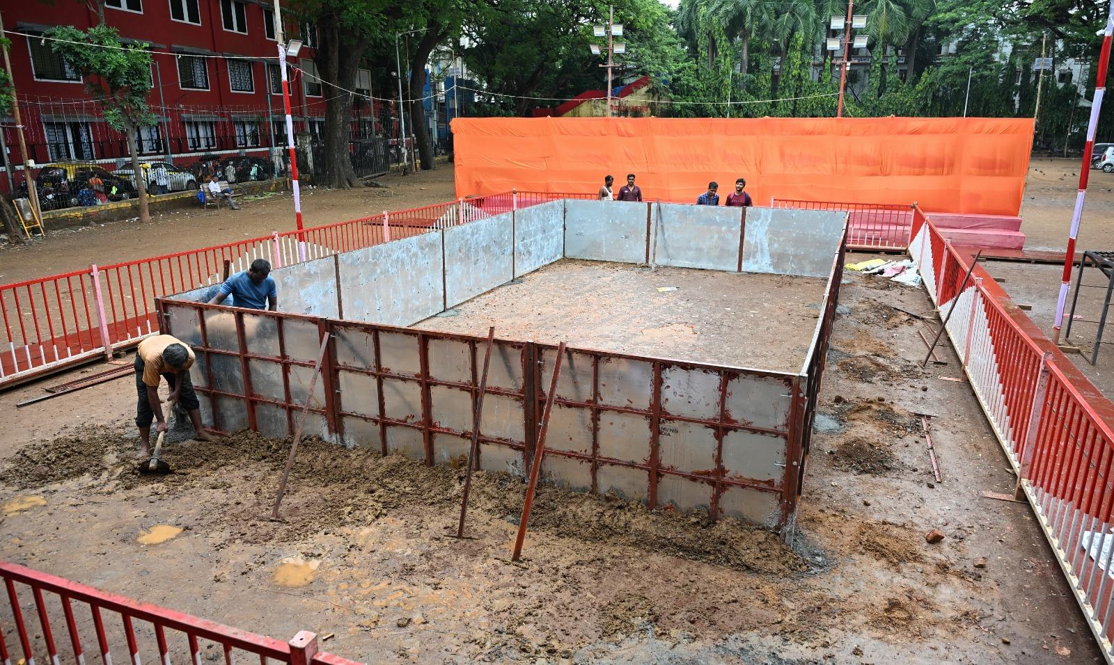 BMC is creating artificial ponds using metal sheets so that the playgrounds are protected. An immersion site at Lal Maidan in Parel
