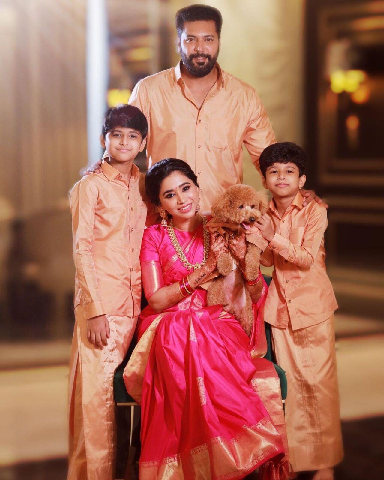The couple have two sons. Their son Aarav has also acted in one film with Jayam titled 'Tik Tik'