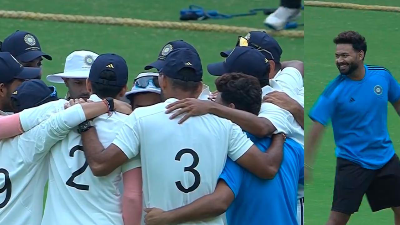 Rishabh Pant joins India A huddle during the Duleep Trophy match