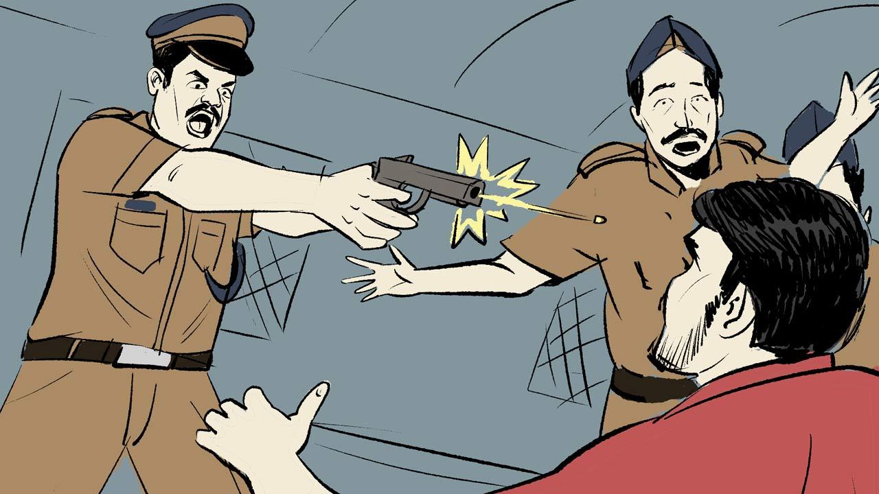 3. In self-defence, another officer PI Sanjay Shinde fires at Shinde, critically injuring him. He is later rushed to the civic hospital, where he is declared dead on arrival. Illustrations/Uday Mohite