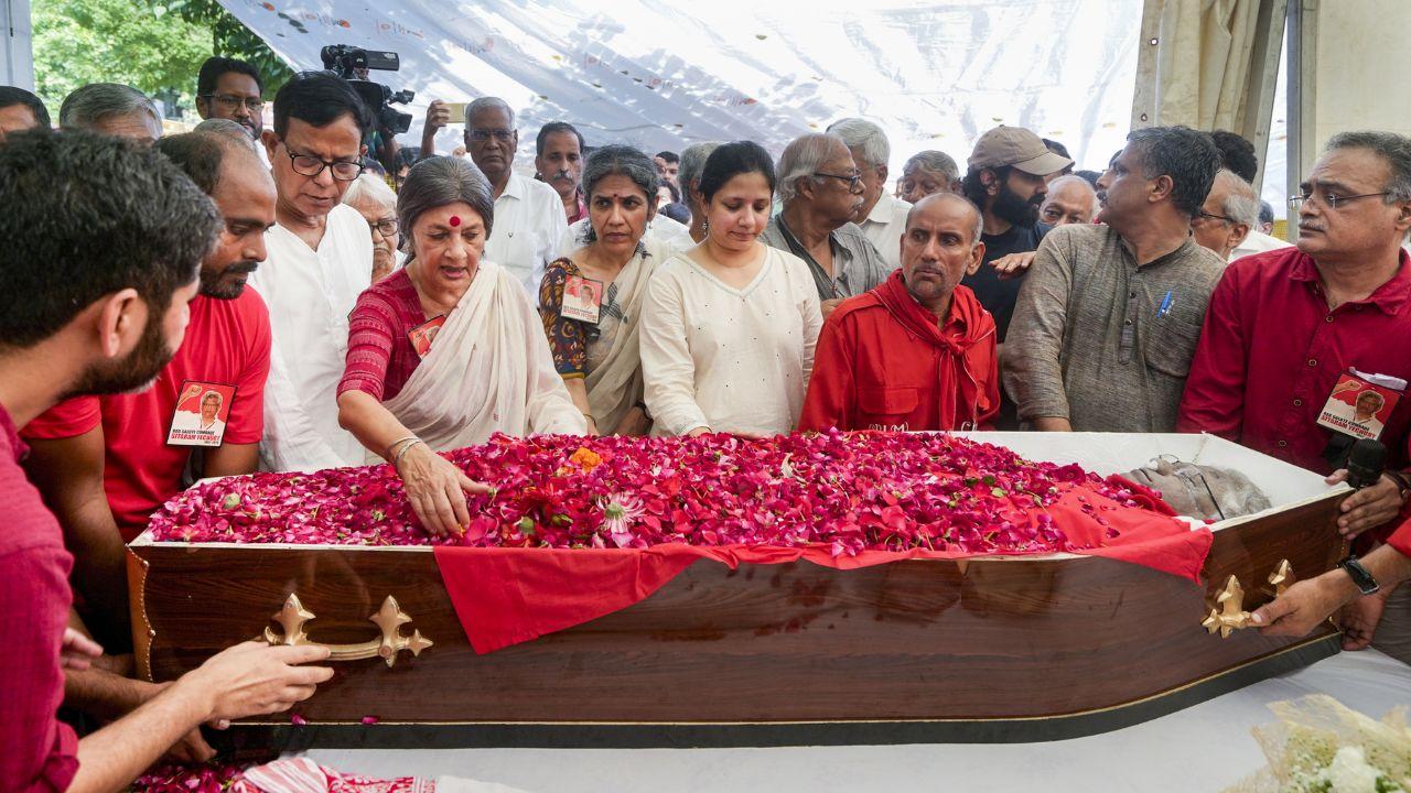 Leaders from various political parties, including AAP’s Manish Sisodia and Sanjay Singh, NCP's Sharad Pawar, and RJD’s Manoj Jha, paid tribute to Yechury at the party office.