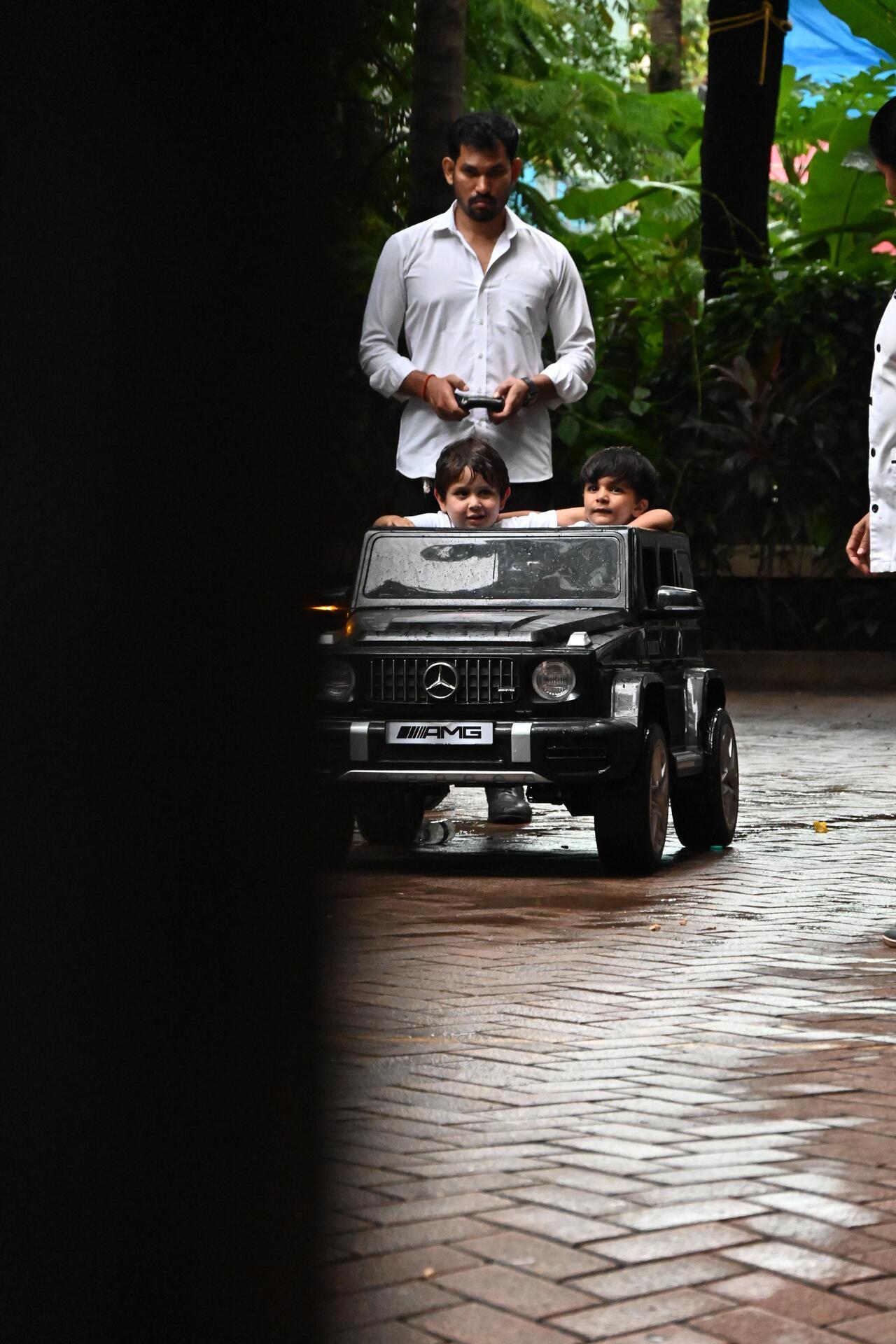 Kareena Kapoor and Saif Ali Khan’s younger son Jeh was photographed in his toy car. 