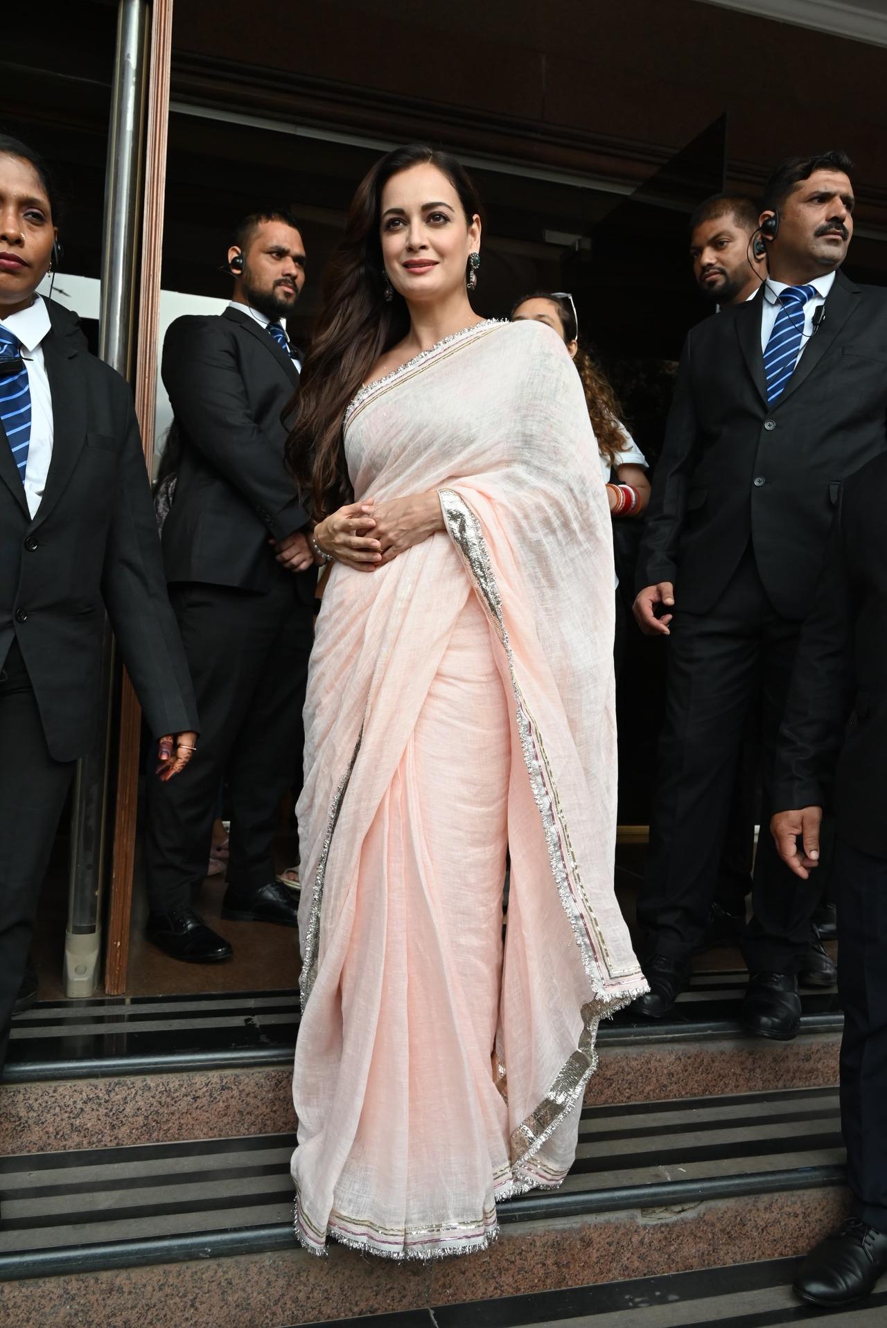 Dia Mirza looked gorgeous as always in a bespoke peach saree. 