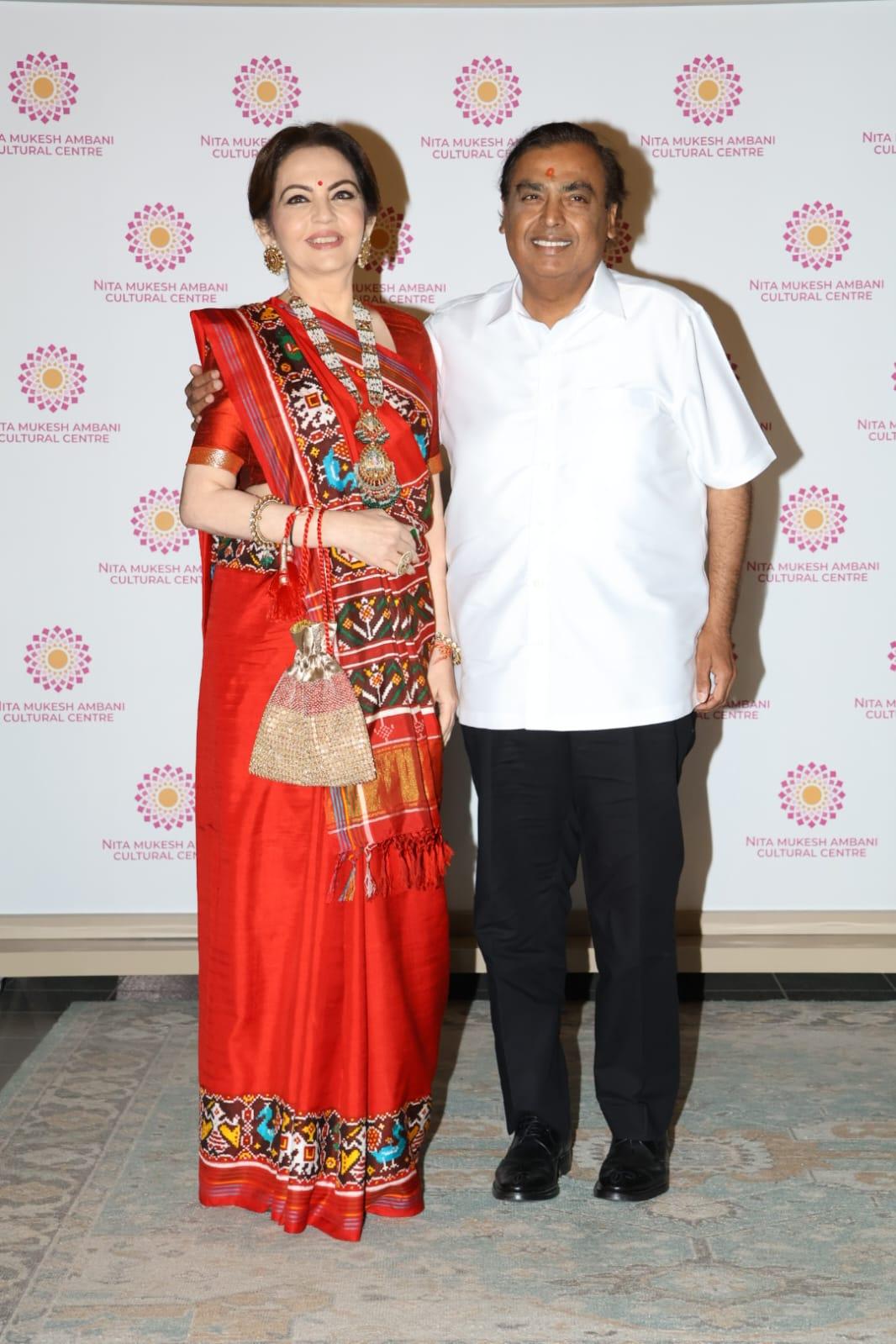Nita Ambani and Mukesh Ambani were spotted at NMACC to watch the finale of Dhanraj Nathwani's 'Rajadhiraaj' the first-ever mega-musical depicting the divine odyssey of Shri Krishna.