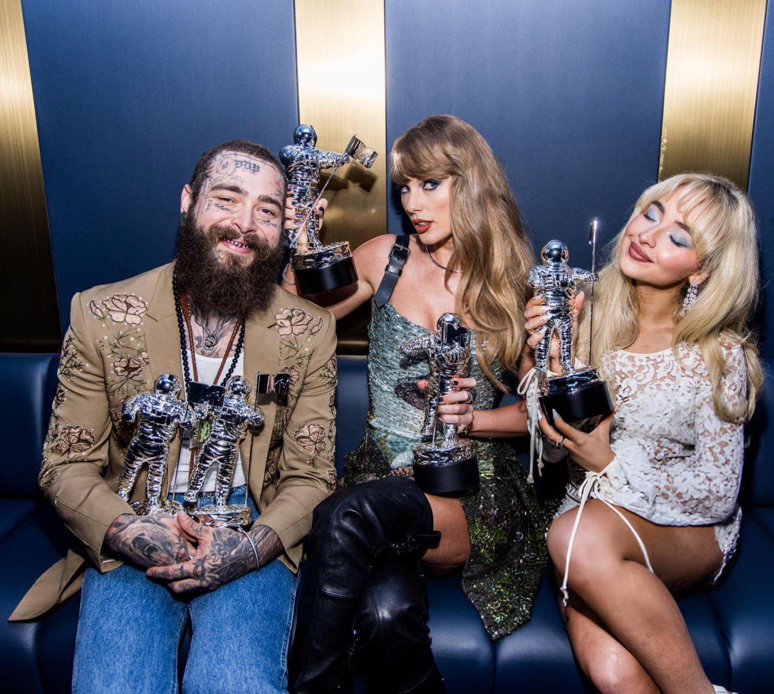 This picture of Taylor Swift posing with her besties Post Malone and Sabrina Carpenter has been widely circulated on social media.