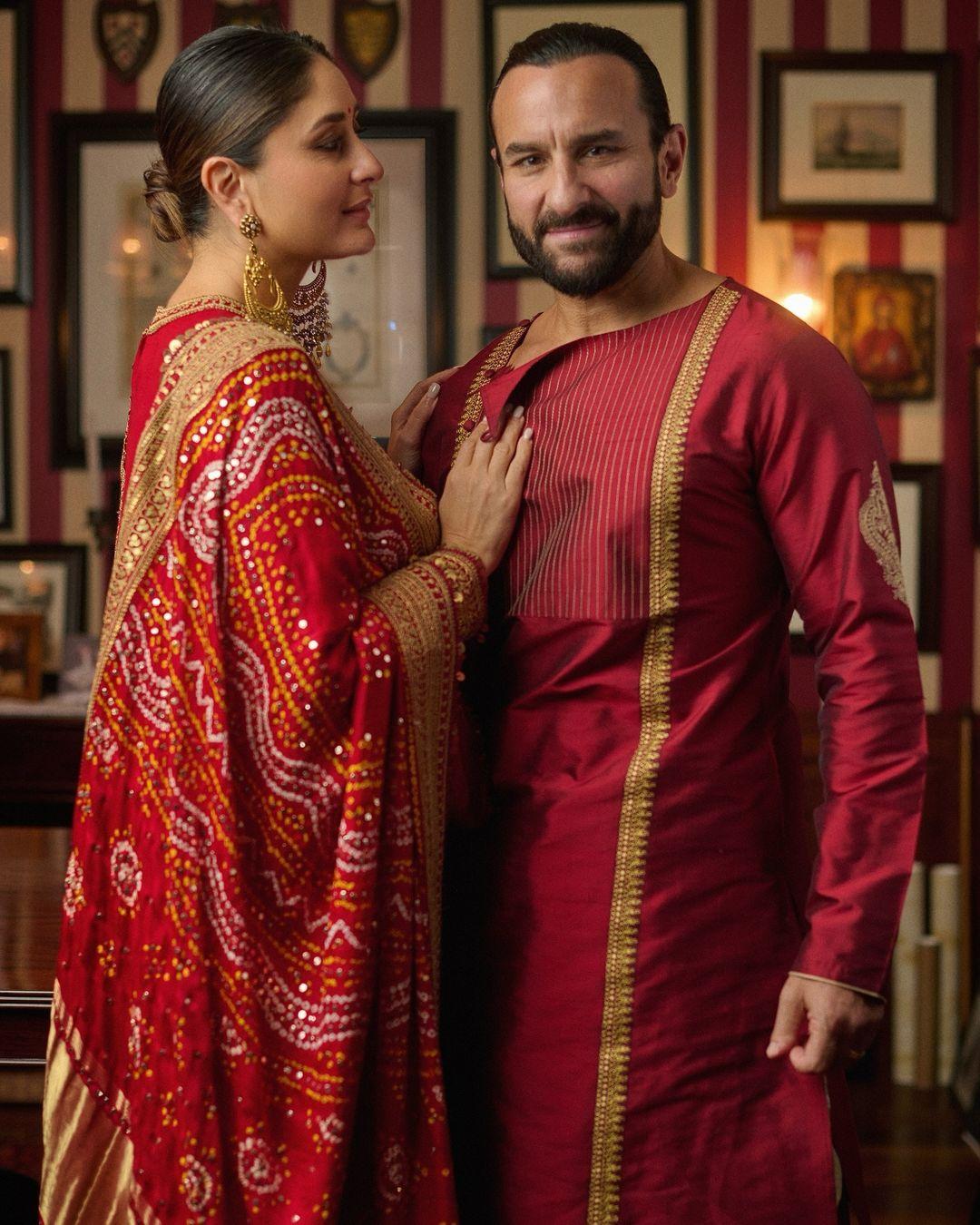 Kareena took to Instagram, where she shared a slew of images, including a picture with her actor husband, Saif Ali Khan. The actress wore a fiery red salwar suit with gold accents by couturier Sabyasachi