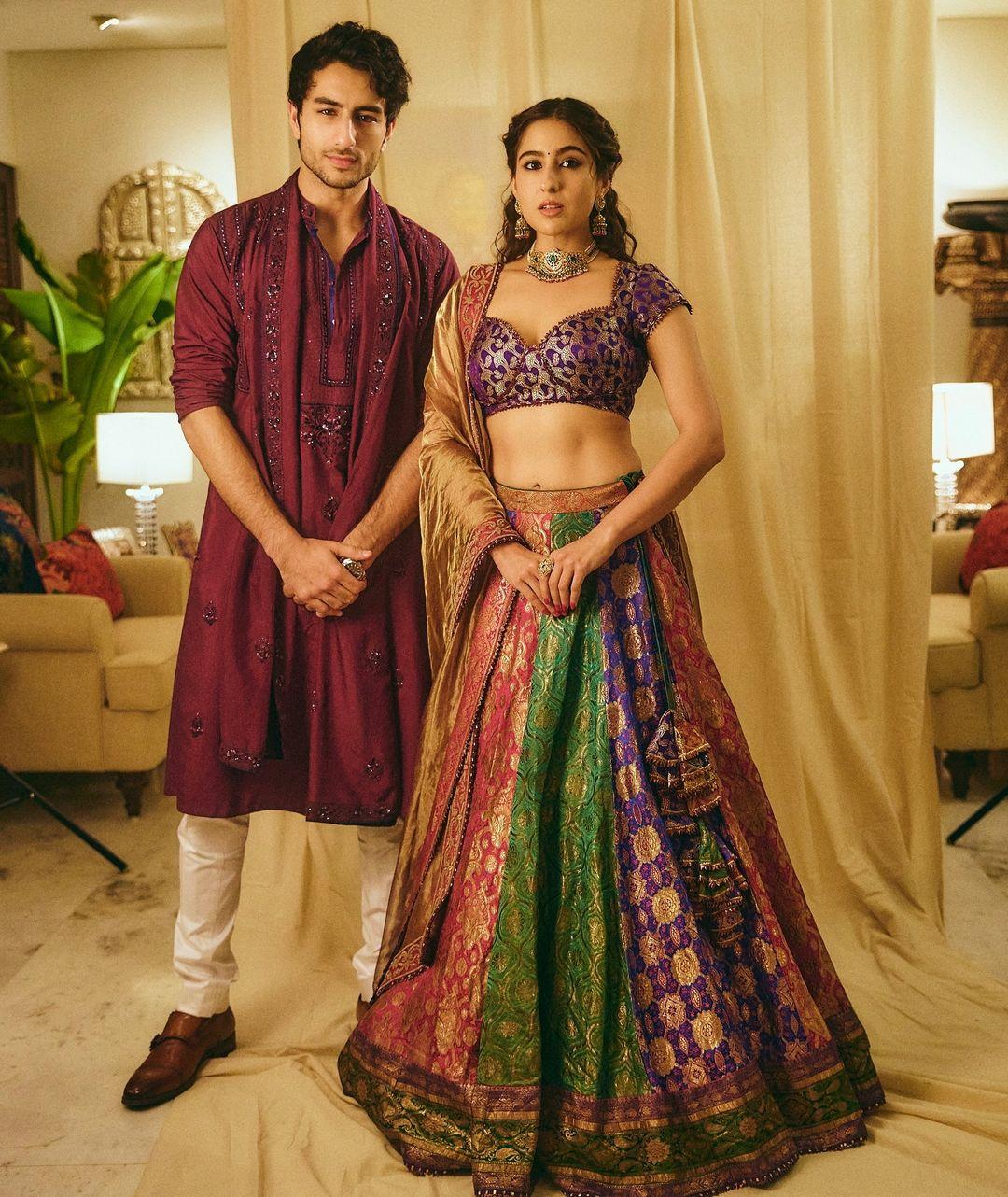 For Ambani's Ganpati celebration, Sara Ali Khan stunned in a Mayyur Girotra Heirloom collection lehenga, crafted from vintage brocade saris collected by the designer over the years. Meanwhile, Ibrahim Ali Khan looked dapper in a red kurta-pajama