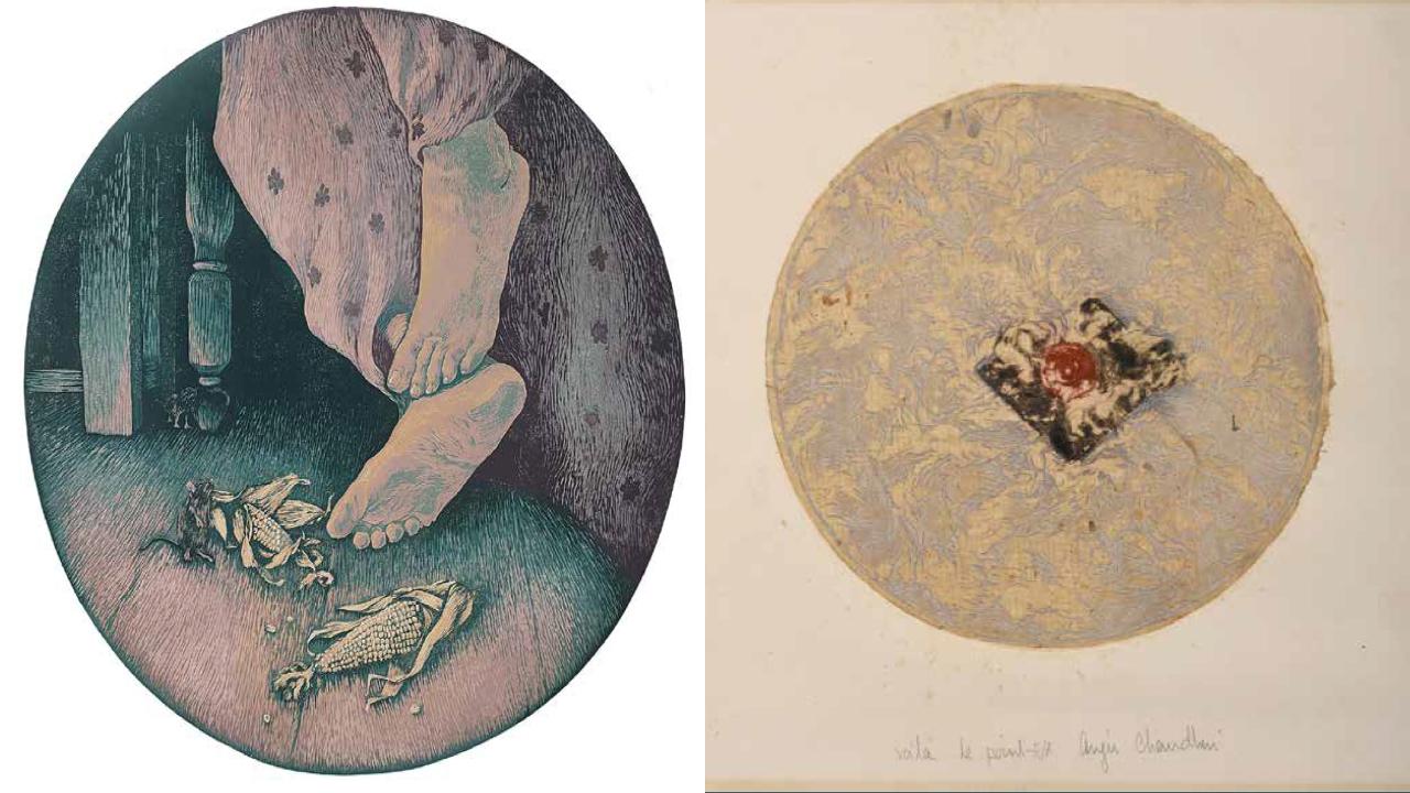 Artworks by Ankita Daulatabadkar (L), Anju Chowdhury (R)
Showcasing the works of 150 women artists from across the country, the exhibition features an array of printmaking techniques including lithographs, etchings, aquatints, engravings, screen prints, and more