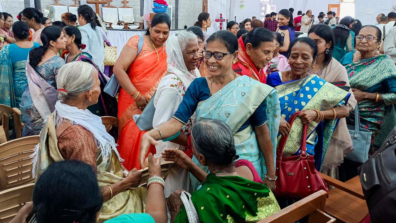 Members of the Christian community greet each other after offering prayers at Chandaya Memorial Methodist Church in Bastar, Chhattisgarh
Considered one of the most important festivals in Christianity, Easter marks the resurrection of Jesus Christ, believed to have occurred three days after his crucifixion.
