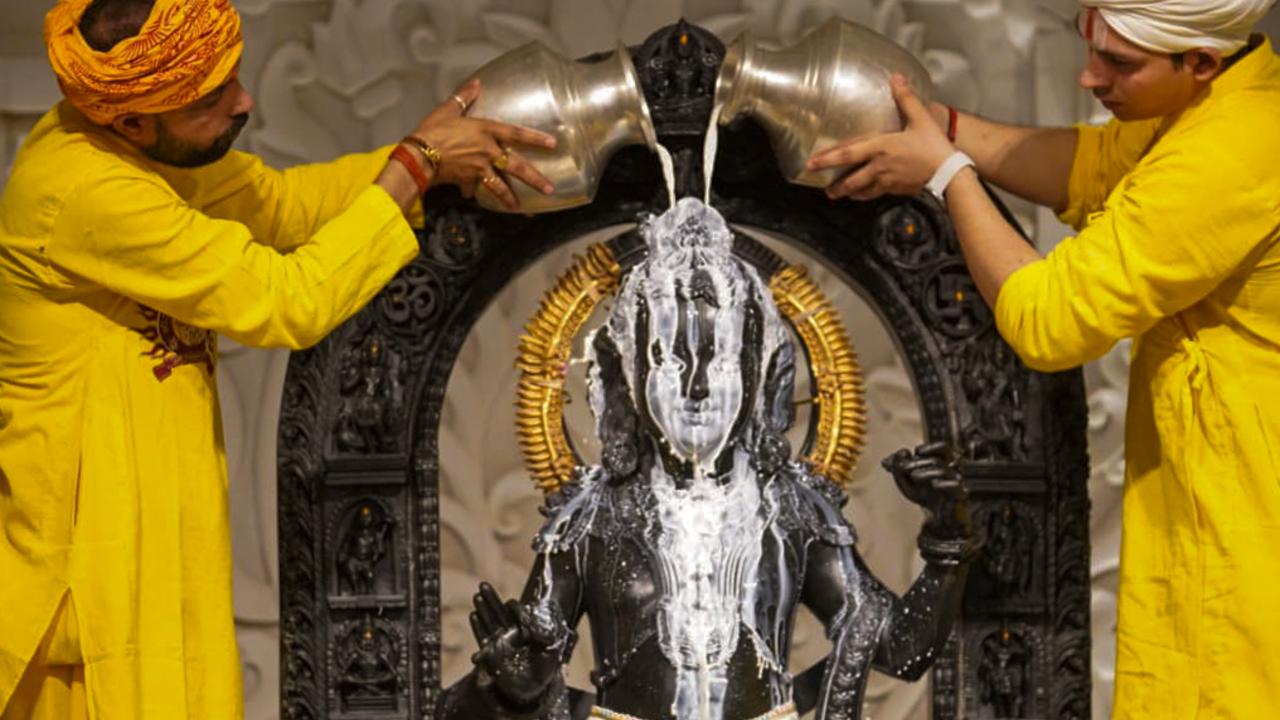 Grand celebrations took place in Ayodhya, the birthplace of Lord Ram. Devotees gathered at Ram Janmbhoomi Temple to seek blessings. The idol of Ram Lalla was anointed on the special occasion. 