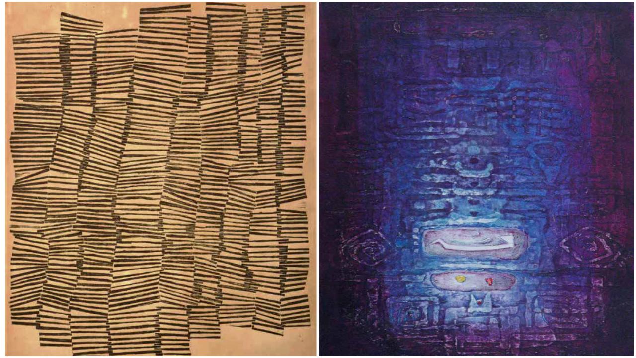 Artworks by Zarina Hashmi (L), Krishna Devayani (R)
Highlights include ‘Mask Series’ by Anupam Sud, ‘Devi’ by Rini Dhumal, Zarina Hashmi’s exploration of geometric design and form, Krishna Devayani’s spiritually-inspired series, and Lalitha Lajmi’s introspective ‘Mind’s Cupboards’
