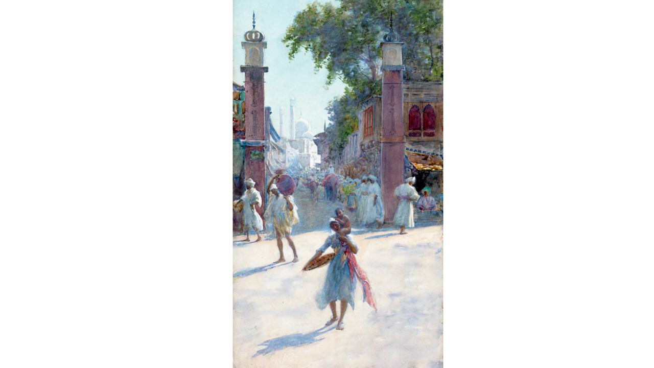 An Indian Street Scene, Alfred Edward Emslie, watercolour on paper pasted on cardboard