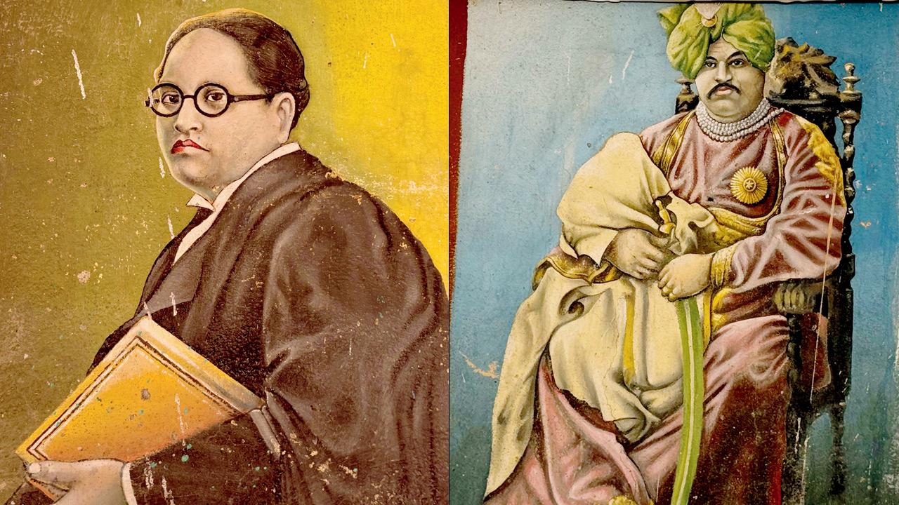 A dated painting of Dr BR Ambedkar and a portrait of Shahu Maharaj of Kolhapur by Yashwant Kamble. Pics courtesy/Somnath Waghmare