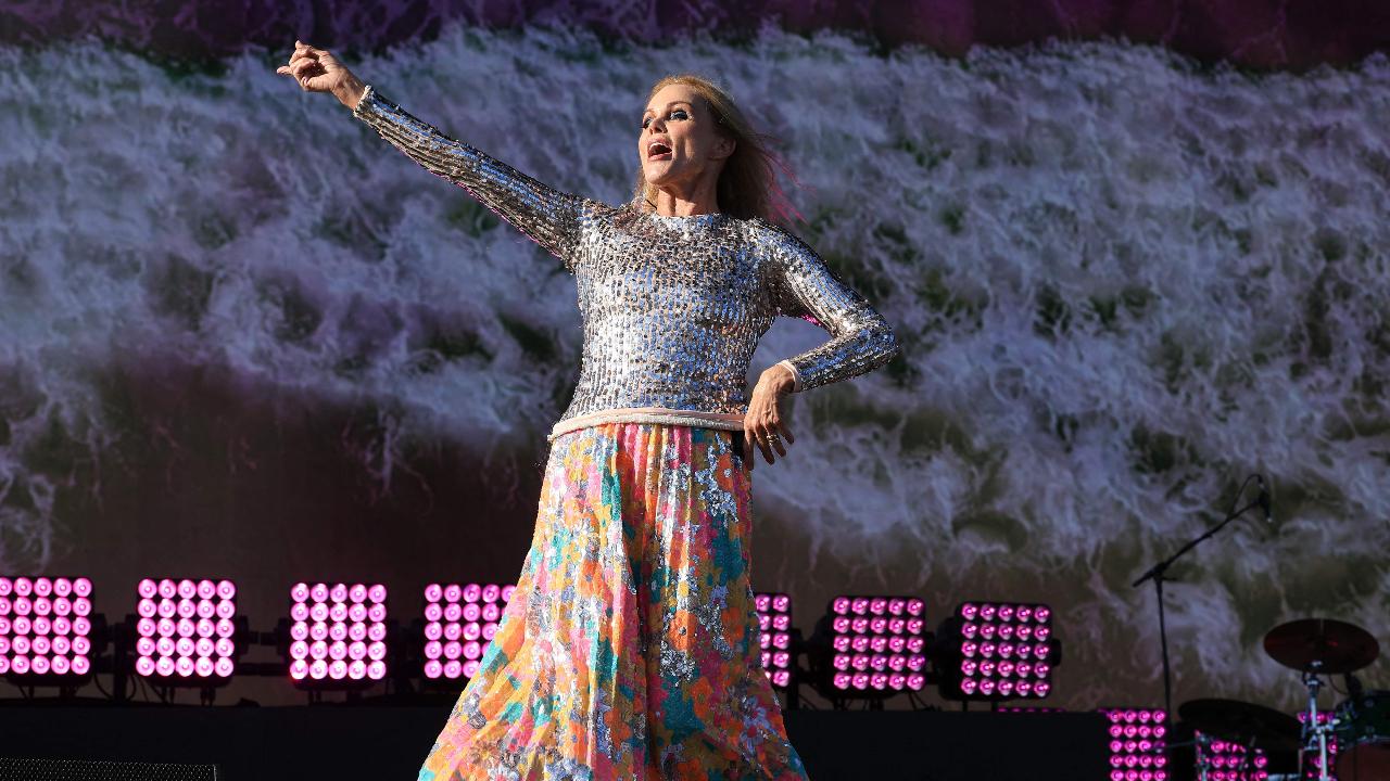 US singer-songwriter Belinda Carlisle of US band The Go-Go's performs onstage during Coachella 2025. The Go-Go's were one among many other bands to perform on the first day