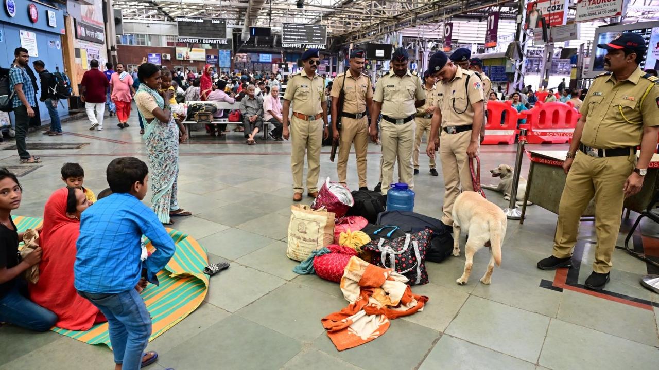 The Central Railway’s dog squad along with the police officials were seen checking the CSMT railway station premises on Wednesday